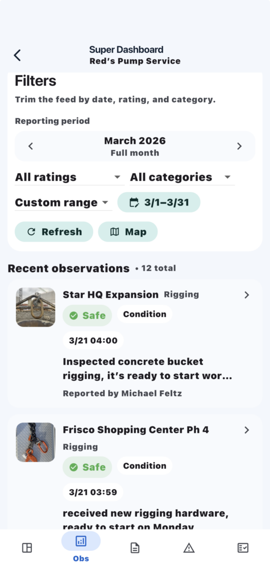 Dashboard screenshot showing filters and recent observations