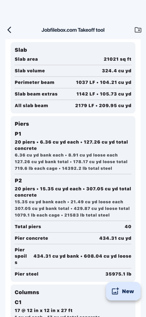 Takeoff results showing slab area, cubic yards, piers, and steel totals