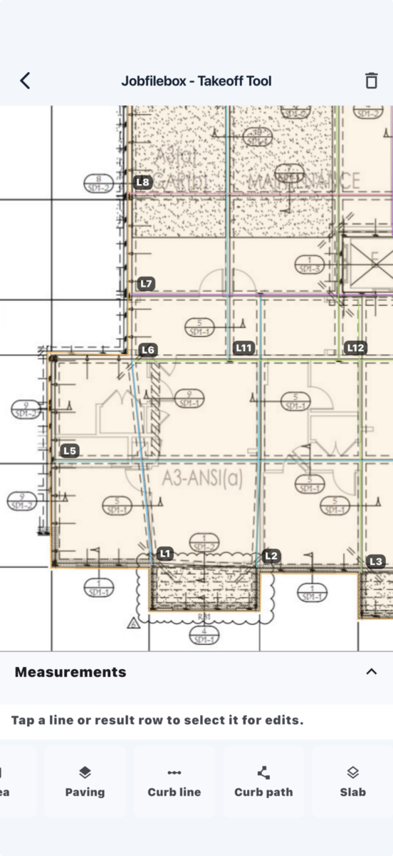 Takeoff plan view with colored geometry lines over a slab plan